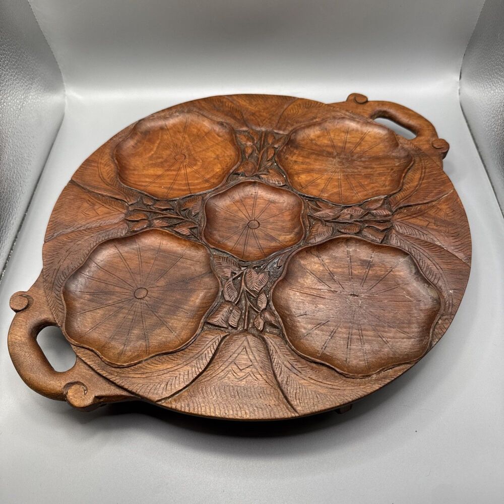 Vintage Wooden Hand Carved Oyster Coquille St Jaques Scallops Serving Dish Tray